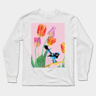 Abstract Blue Wren and Tulips Painting - on Pale Pink Long Sleeve T-Shirt